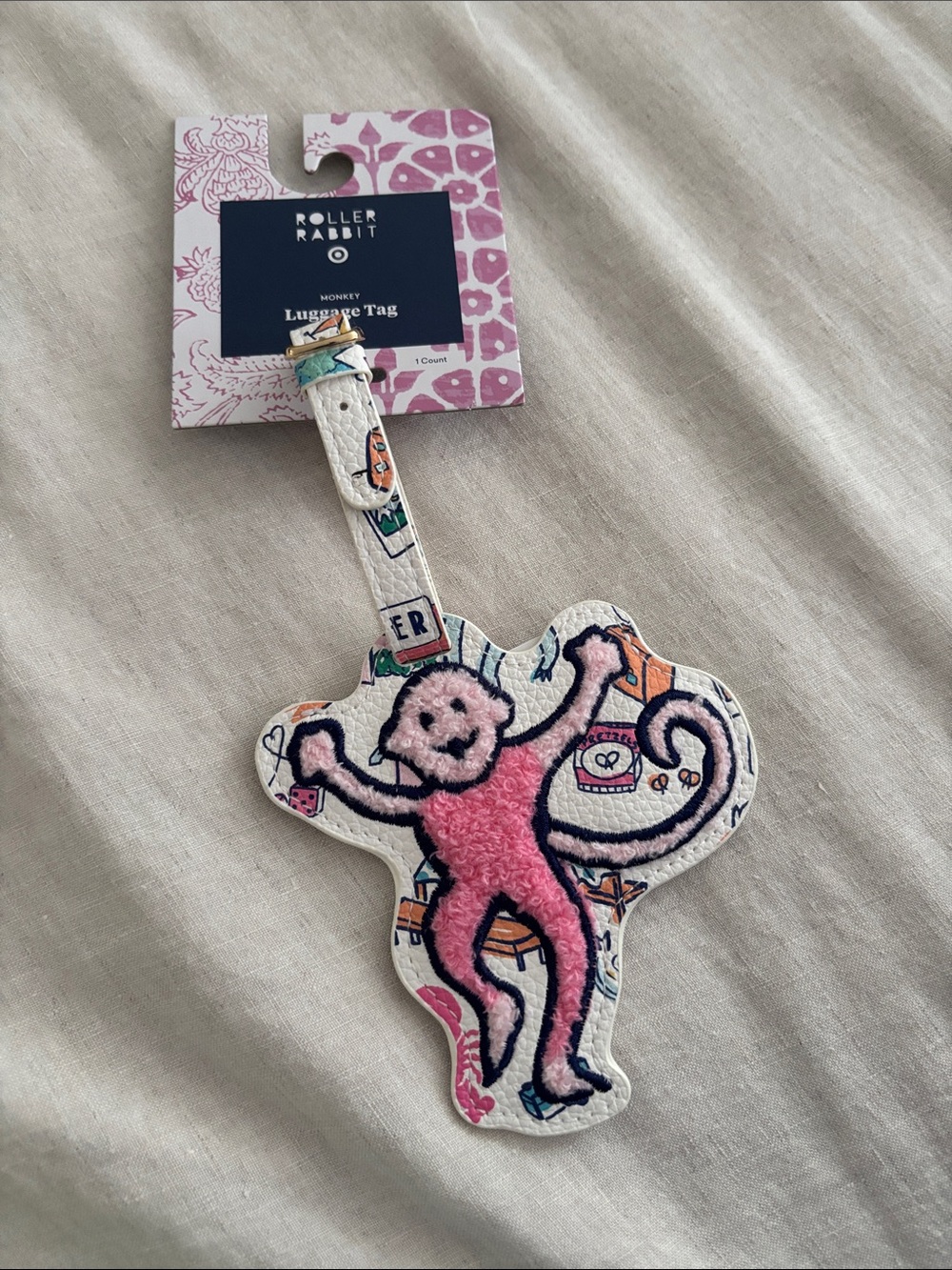 Roller Rabbit Pink Monkey Luggage Tag with Multicolor Print